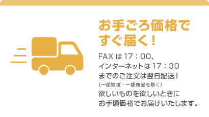 お手ごろ価格ですぐ届く！ FAX は17：00、インターネットは17：30 までのご注文は翌日配送！（一部地域・一部商品を除く）欲しいものを欲しいときにお手頃価格でお届けいたします。